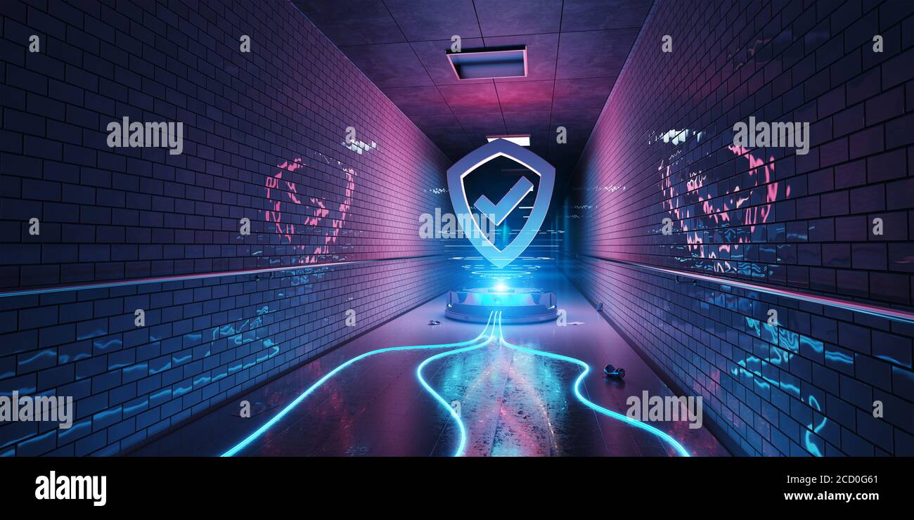 Ologramma di cyber sicurezza sotterraneo blu e rosa con scudo digitale Rendering 3D Foto Stock