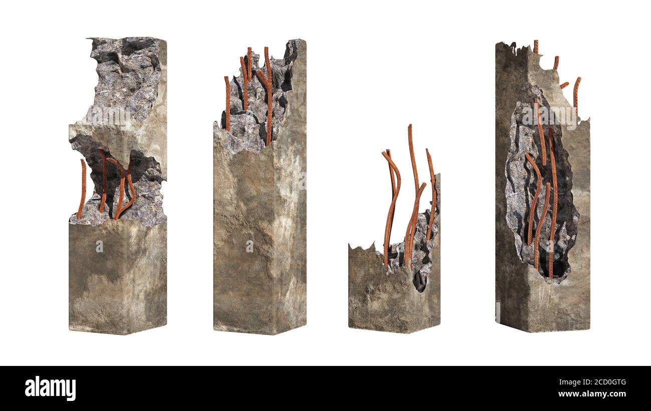 set di pilastri in cemento danneggiati isolati su sfondo bianco Foto Stock