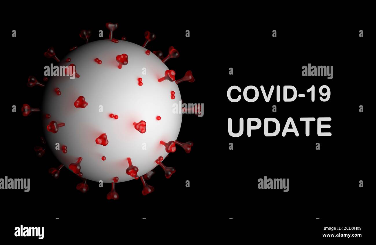 Una molecola di coronavirus 2019-NCoV con un involucro bianco e punte rosse da vicino. Banner con il testo Covid-19 Update. Rendering 3D Foto Stock