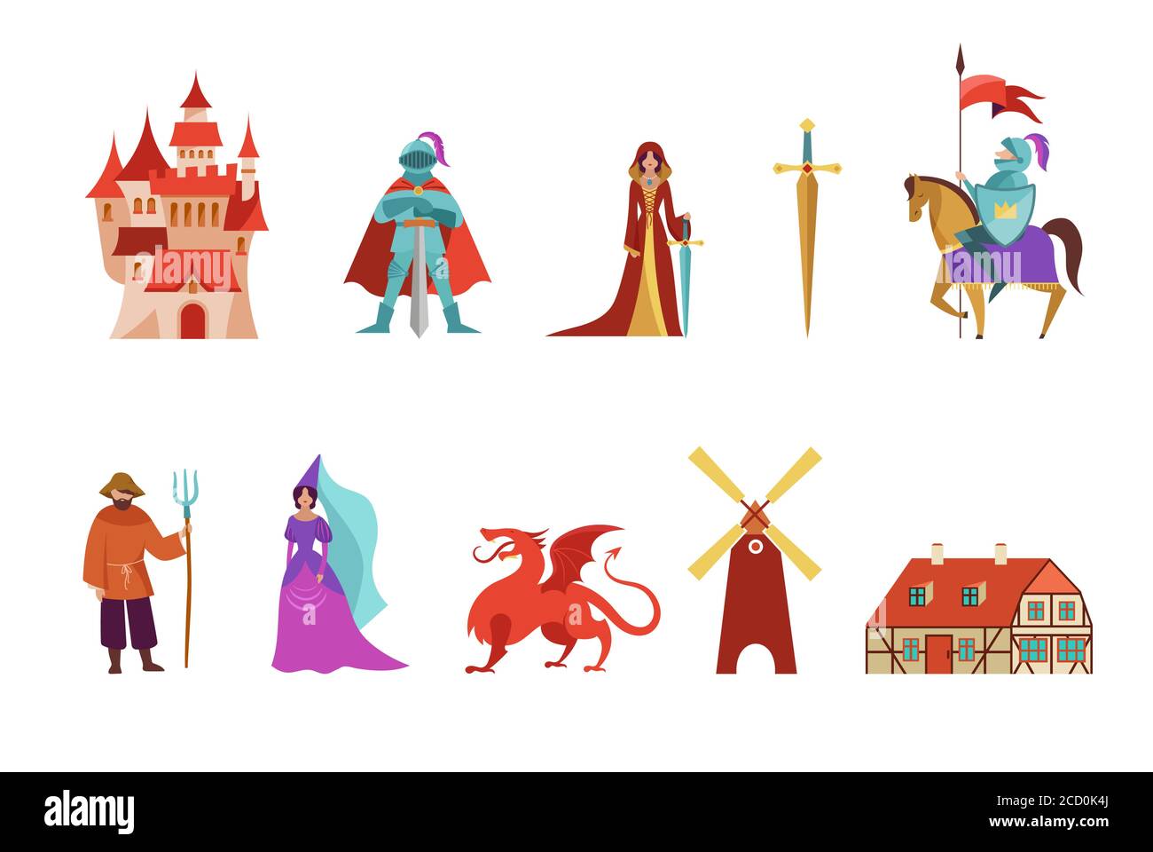 Personaggi medievali e fiabe, cavalieri, contadini, principessa e cavalli. Illustrazioni vettoriali Illustrazione Vettoriale