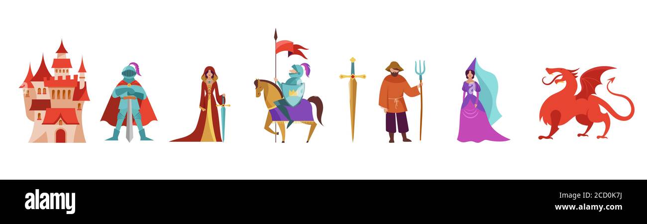 Personaggi medievali e fiabe, cavalieri, contadini, principessa e cavalli. Illustrazioni vettoriali Illustrazione Vettoriale