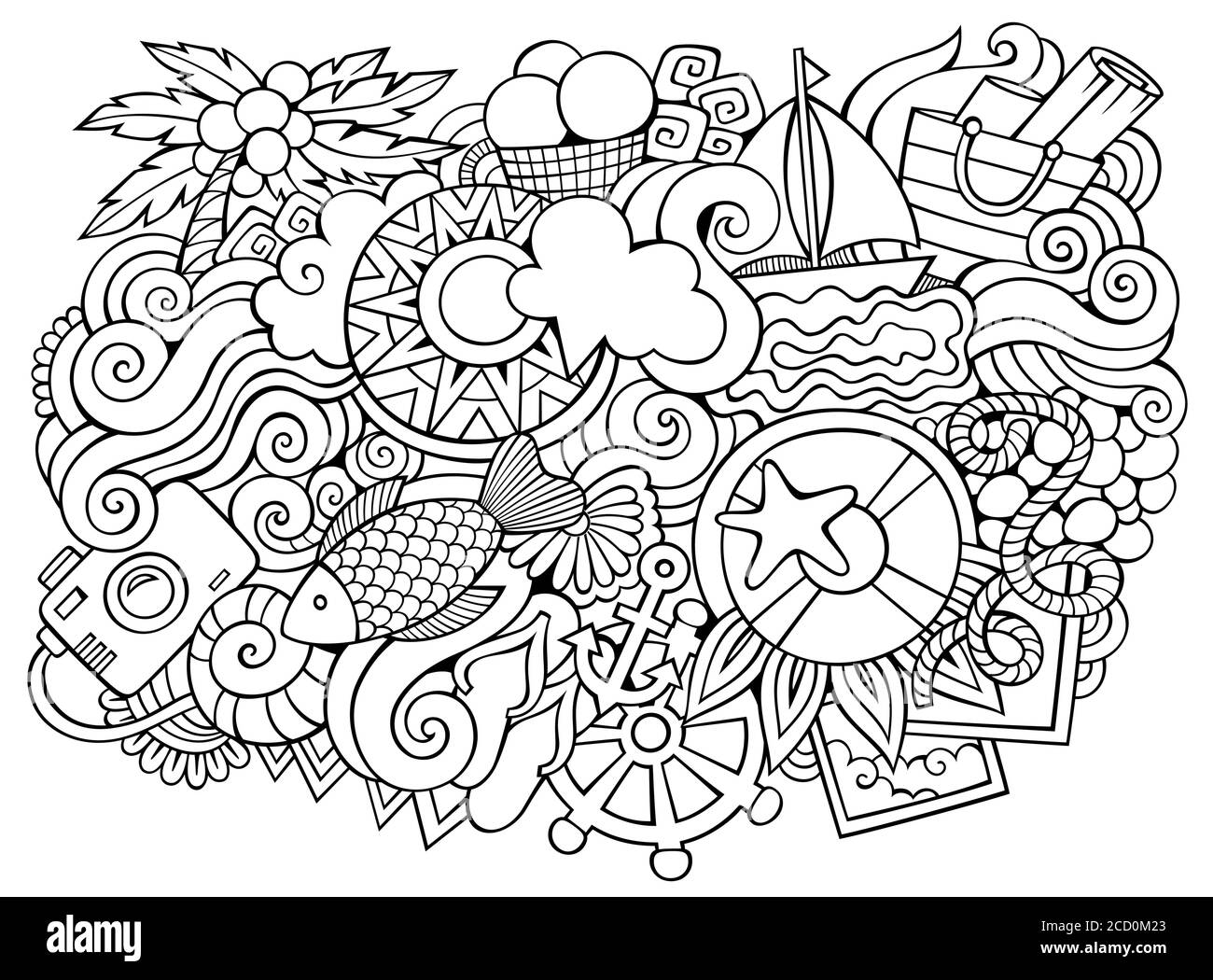 Estate mano disegnata cartoon doodles illustrazione. Design divertente da viaggio. Illustrazione Vettoriale