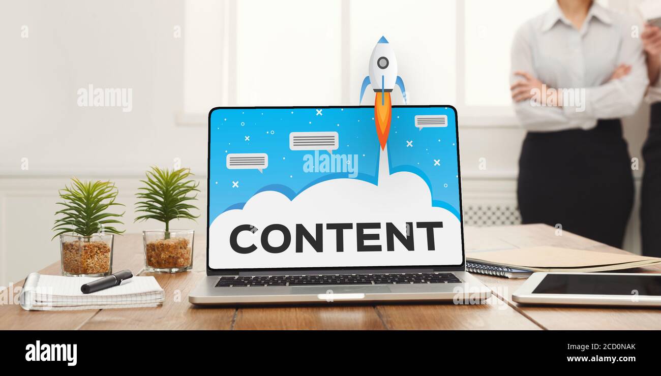 Collage di marketing dei contenuti, schermo del laptop con lancio di Rocket in Office Foto Stock