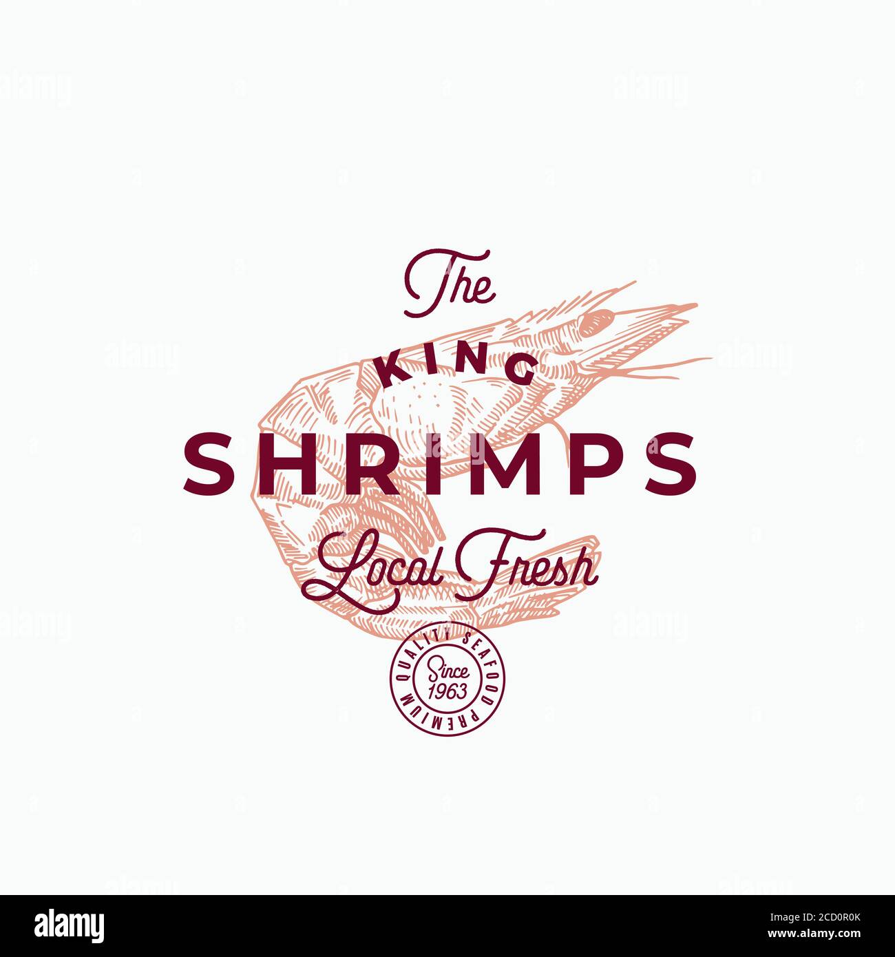 Il simbolo del vettore astratto, simbolo o modello del logo di King Shrimps. Gamberi disegnati a mano con tipografia retro Premium e sigillo di qualità. Elegante emblema vettoriale Illustrazione Vettoriale