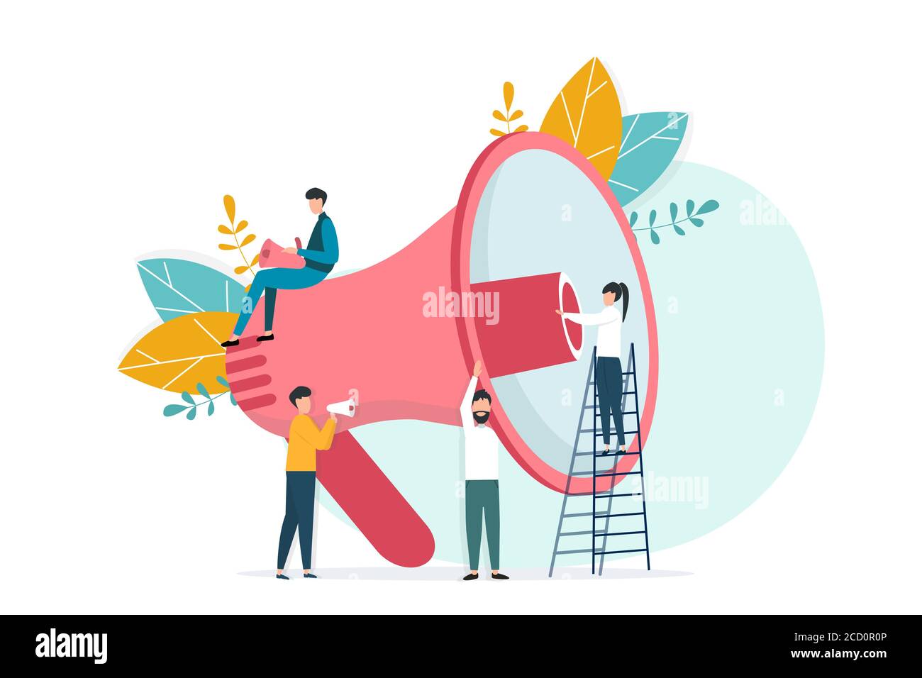 Illustrazione concettuale della comunicazione moderna con Megaphone e persone, sfondo bianco Illustrazione Vettoriale