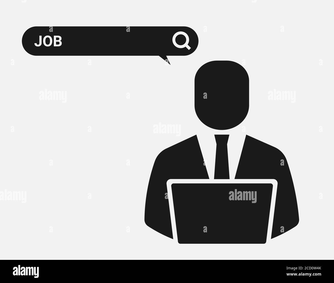Uomo d'affari al laptop che naviga in Internet alla ricerca di occupazione, illustrazione in bianco e nero Illustrazione Vettoriale
