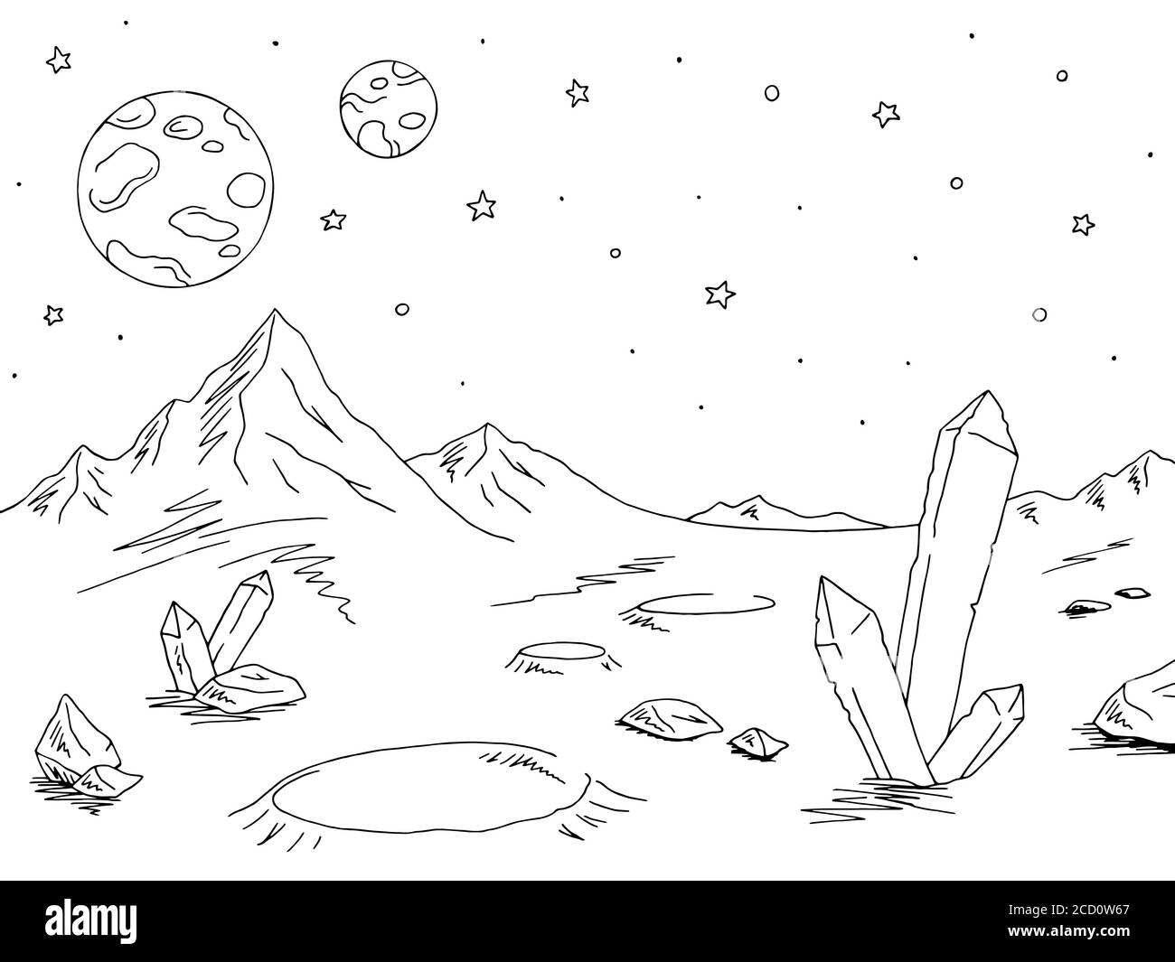 Alieno pianeta grafico nero bianco spazio paesaggio illustrazione schizzo vettore Illustrazione Vettoriale