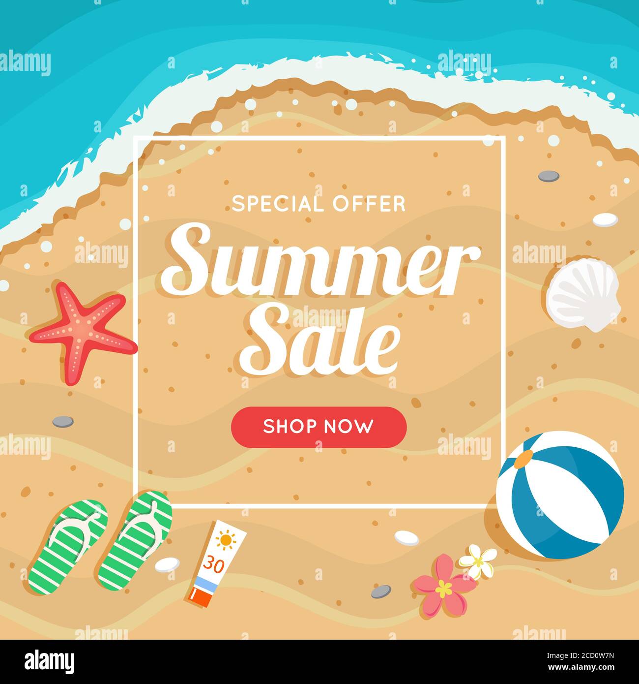 Vendita estate banner con spiaggia e mare, diversi elementi spiaggia. Illustrazione in stile appartamento Foto Stock