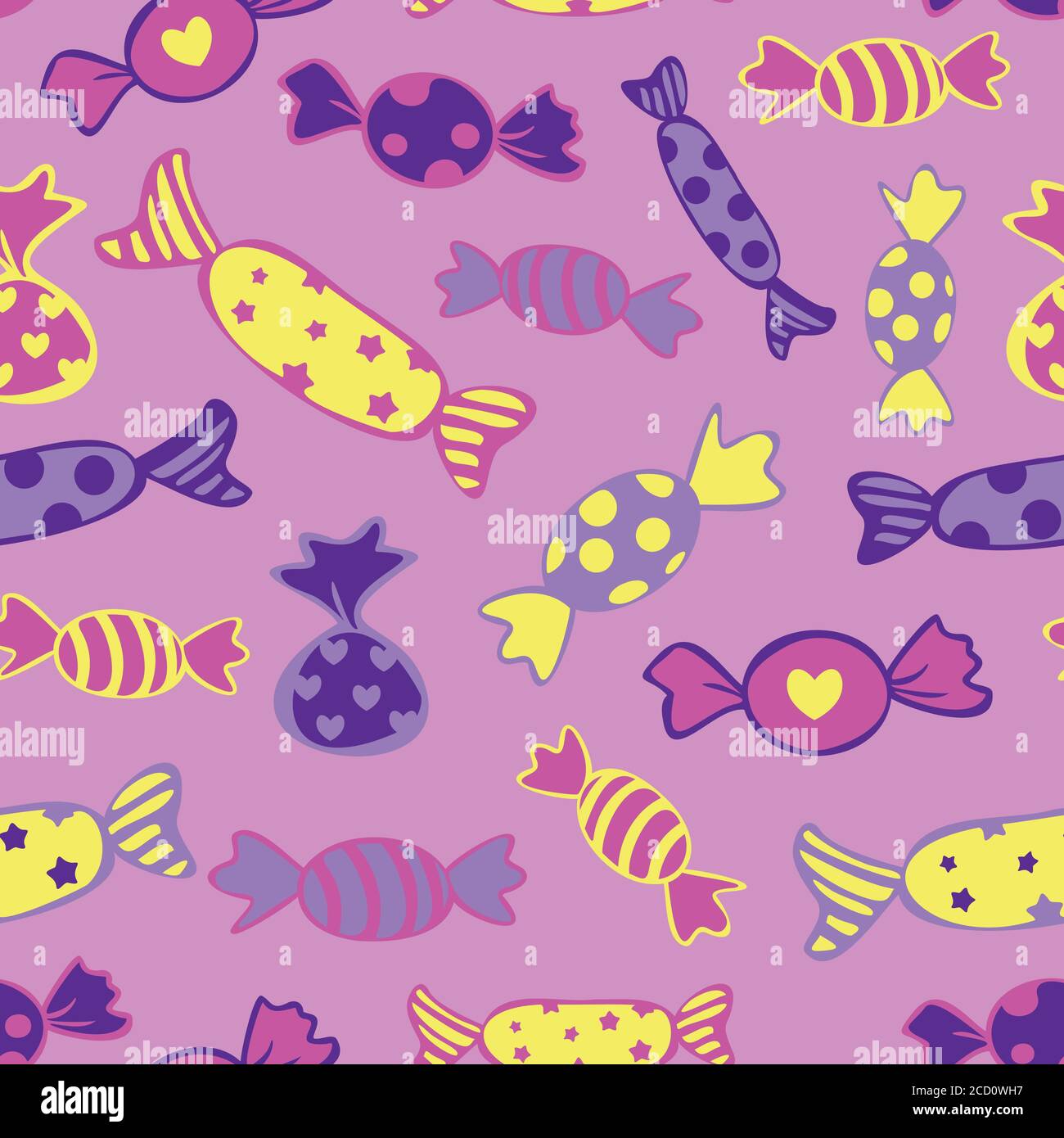 Modello vettoriale senza giunture di diverse caramelle in colori brillanti su uno sfondo viola brillante. Concetto di design per dolci shop.dolci patterm Illustrazione Vettoriale