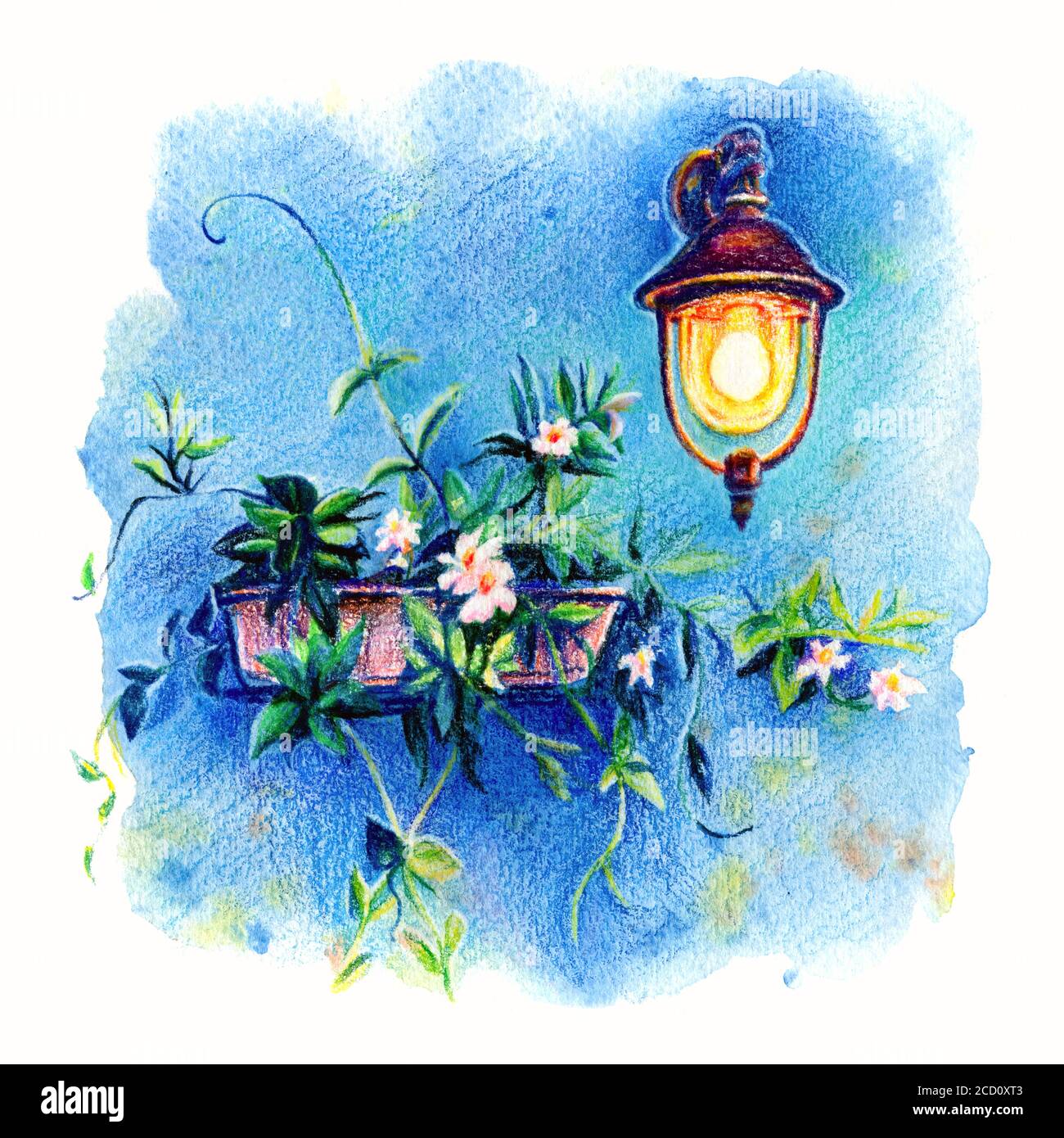 Pittoresca lanterna e fiori sulla parete blu della casa sulla famosa isola di Burano, Venezia, Italia. Disegno con matite colorate e acquerello Foto Stock