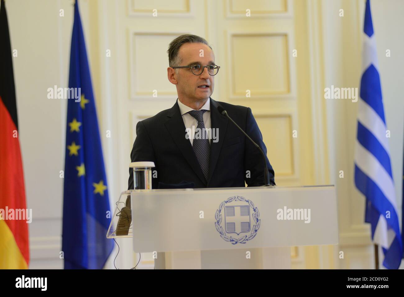 Ministro degli Affari Esteri tedesco Heiko Maas durante la conferenza stampa con il Ministro degli Affari Esteri greco Nikos Dendias. (Foto di Dimitrios Karvountzis/Pacific Press) Foto Stock