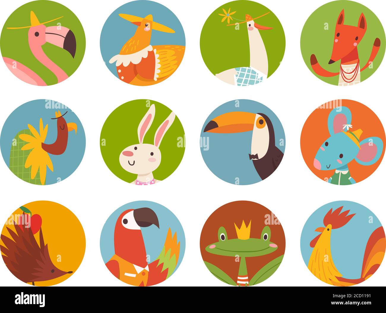 Serie vettoriale di carini animali cartoni animati facce in forme rotonde Illustrazione Vettoriale