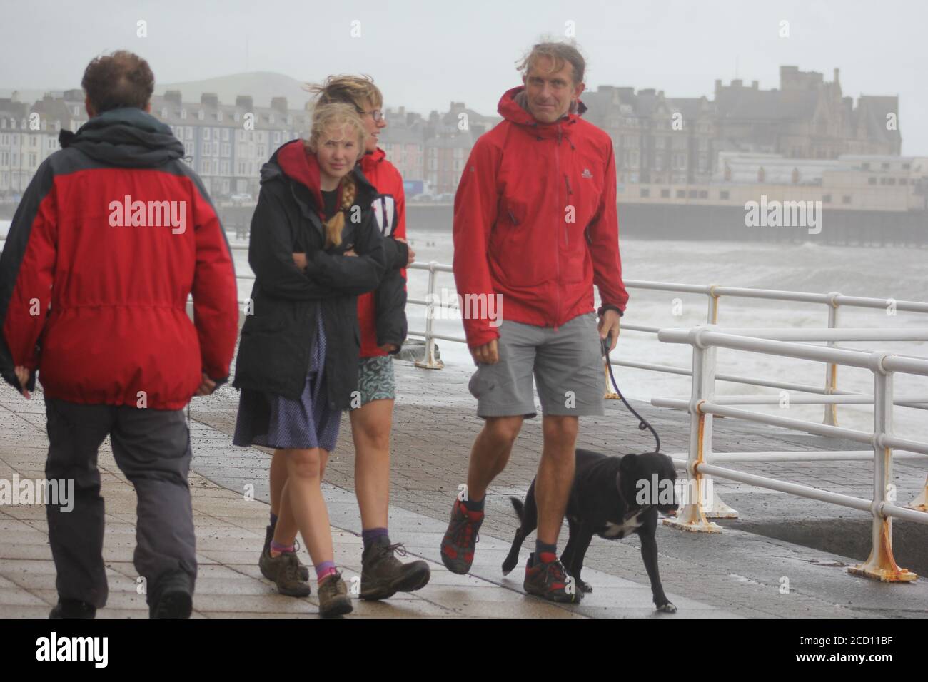 Aberystwyth Wales UK Weather 25 agosto 2020 : forti piogge e venti di Gale Force battter regioni costiere del Galles, forti venti guidare in enormi onde che sconfinano contro le difese marine di Aberystwyth. I vacanzieri coraggiosi venti di forza gale durante una passeggiata pomeridiana tempesta lungo la passeggiata, Credit: mike davies/Alamy Live News Foto Stock