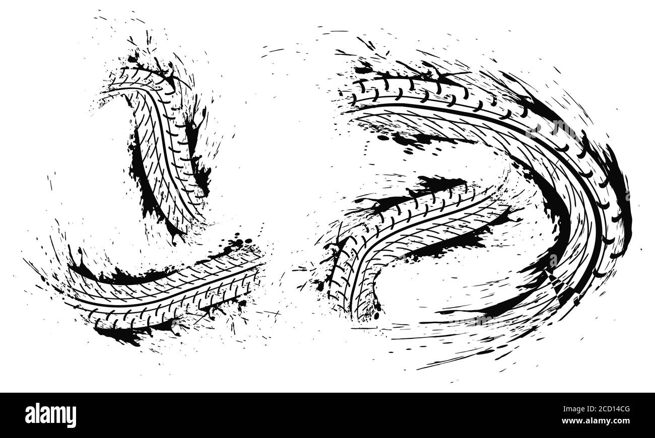 Le tracce degli pneumatici segnano lo sfondo in bianco e nero Vector Illustrazione Vettoriale