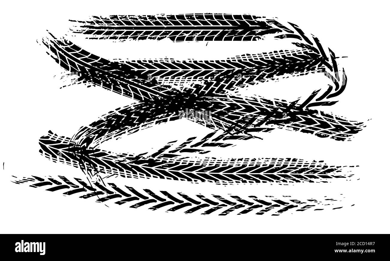 Le tracce degli pneumatici segnano lo sfondo in bianco e nero Vector Illustrazione Vettoriale
