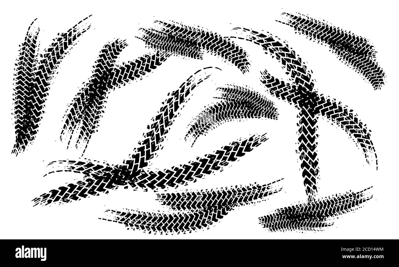 Le tracce degli pneumatici segnano lo sfondo in bianco e nero Vector Illustrazione Vettoriale
