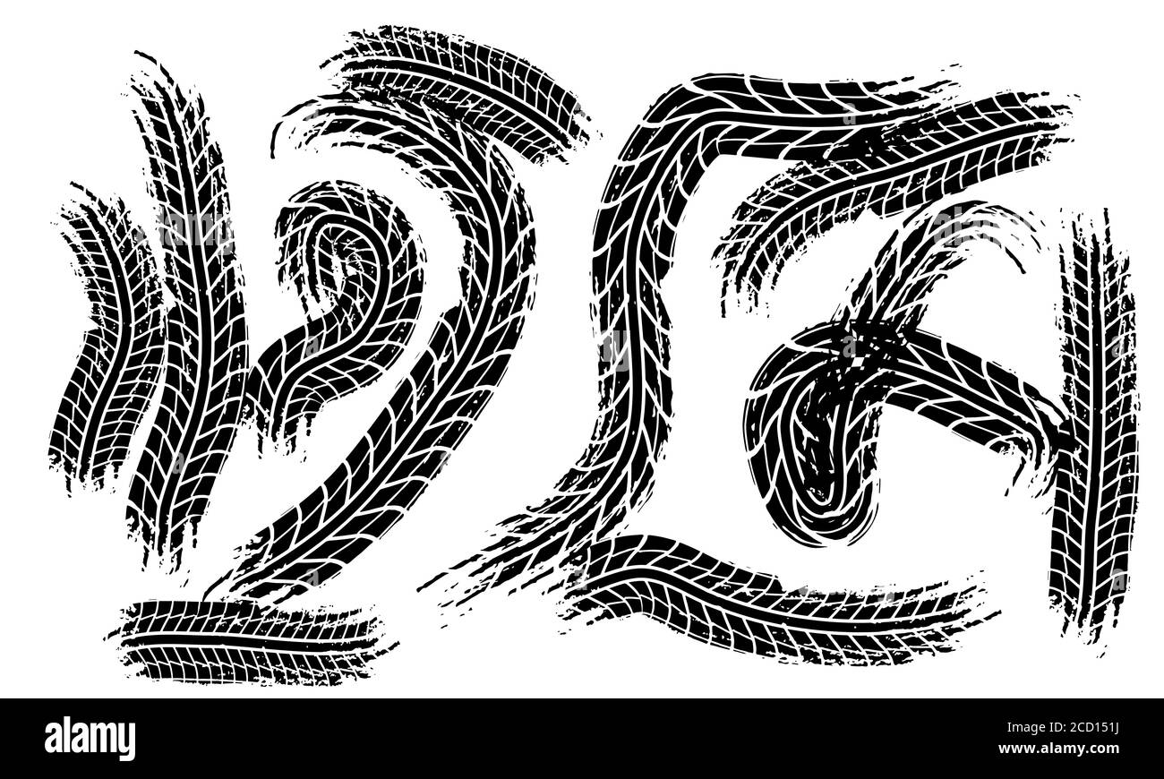 Le tracce degli pneumatici segnano lo sfondo in bianco e nero Vector Illustrazione Vettoriale