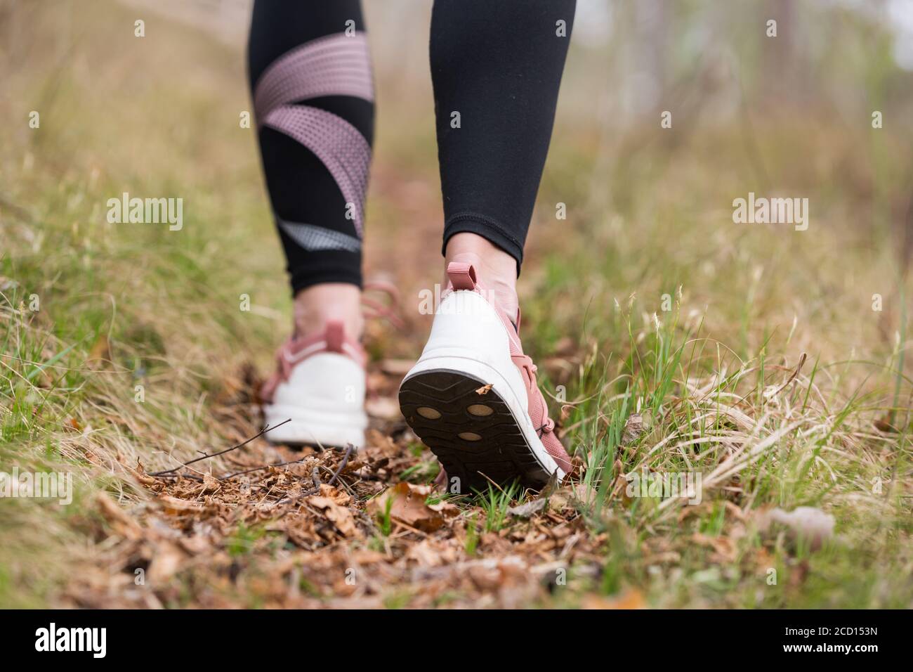 Vista posteriore ravvicinata del gradino femmina sulla pista naturalistica. Giovane donna escursioni in natura. Concetto di avventura, sport ed esercizio fisico Foto Stock