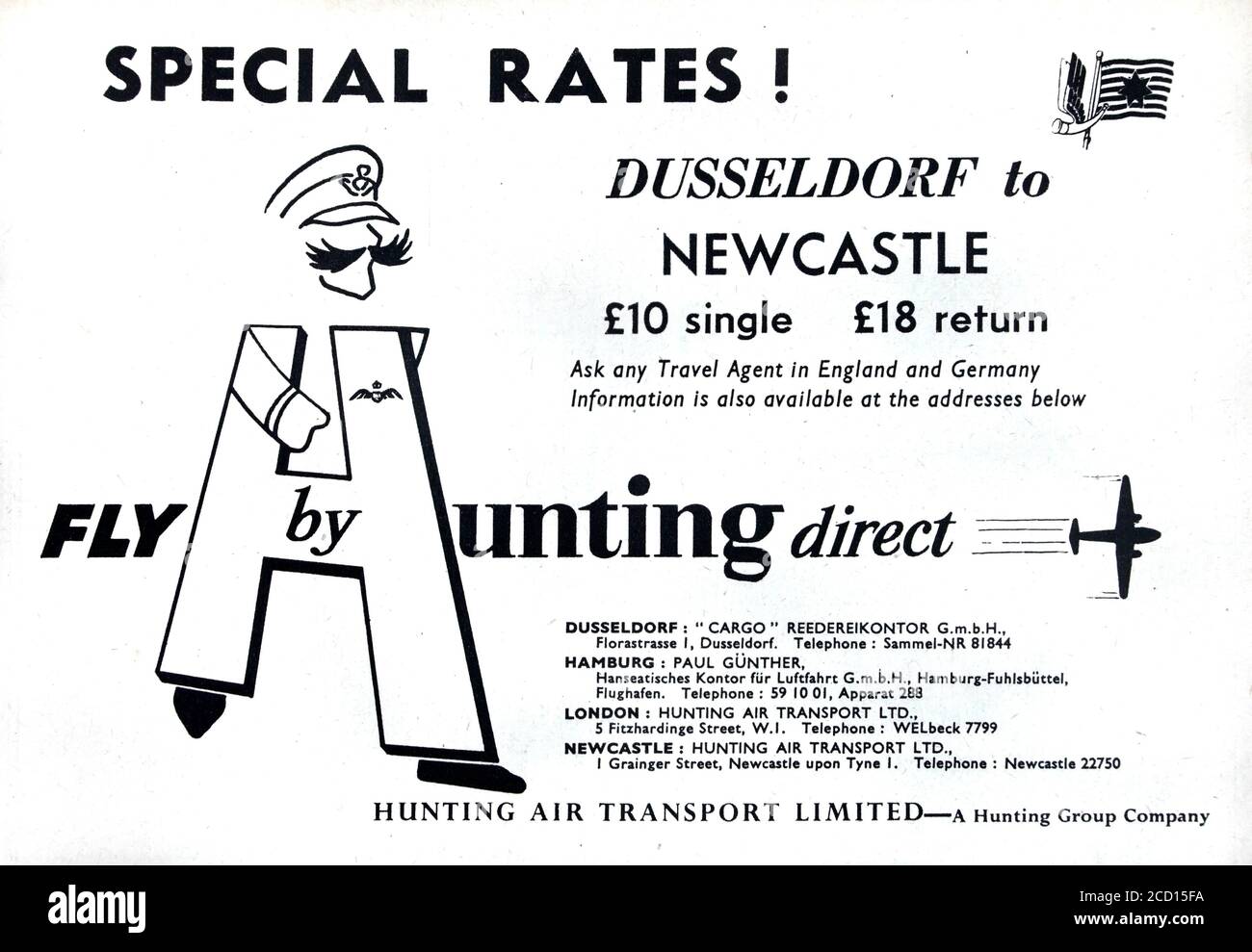 Pubblicità vintage per i biglietti aerei per il trasporto aereo di caccia da Dusseldorf a Newcastle. Foto Stock