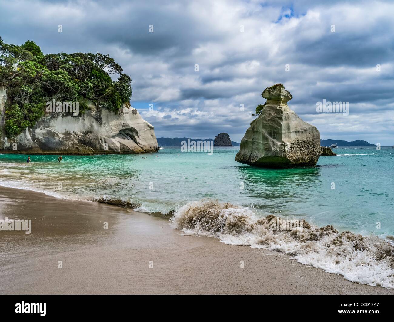 Accessibile solo a piedi o in barca, la famosa Cathedral Cove è uno dei luoghi da visitare sul Coromandel. Nuotatori godere della spiaggia e giocare in... Foto Stock