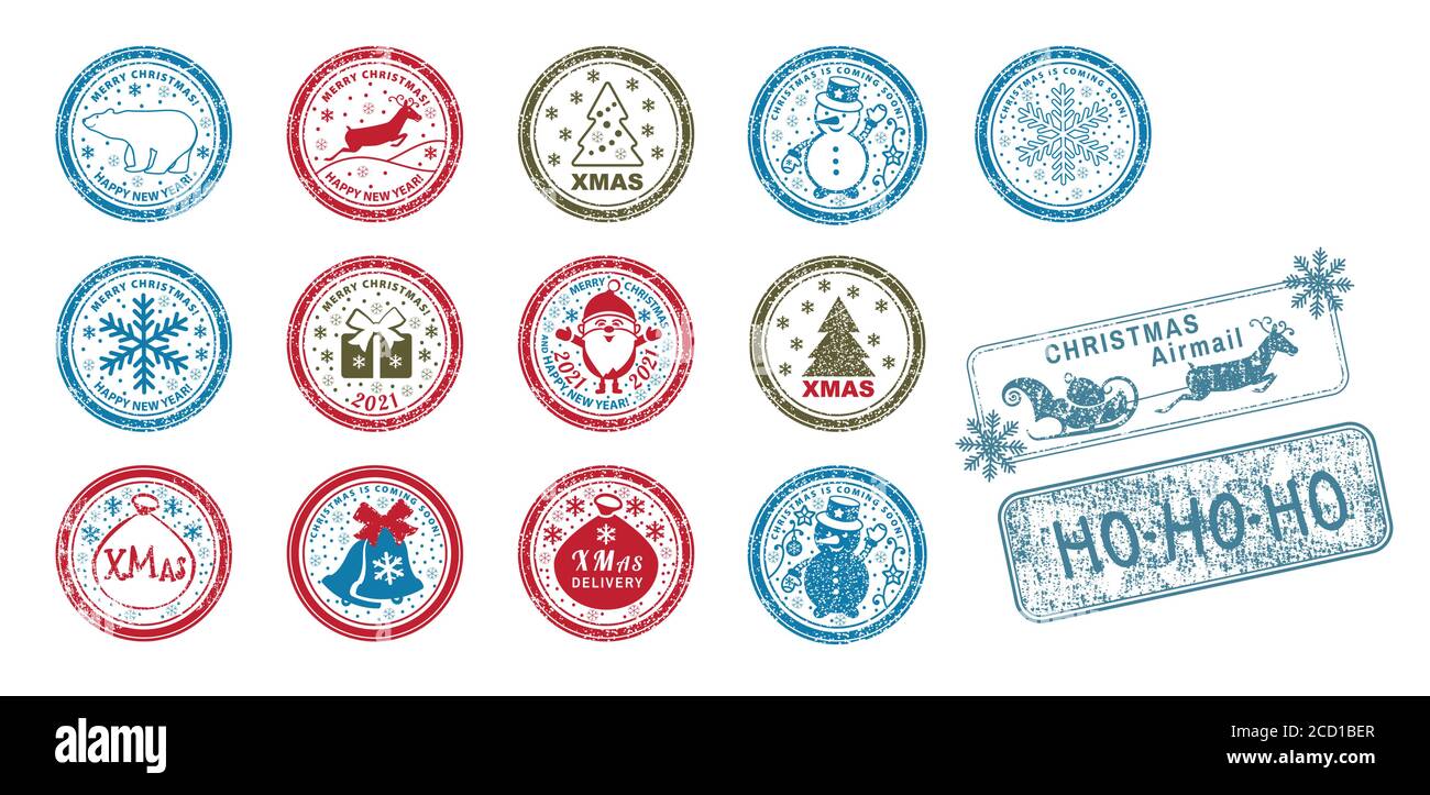 Set di timbri vettoriali. Babbo Natale a lunghezza intera, albero di Natale, regalo e campane nella neve. Illustrazione Vettoriale