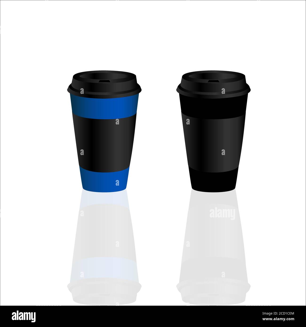 Take-away tazze di caffè calde. Può essere qualsiasi tipo di bevanda calda come latte di tè verde caldo, caffè latte caldo o cappuccino. Tazza di carta blu scuro e nero con Illustrazione Vettoriale