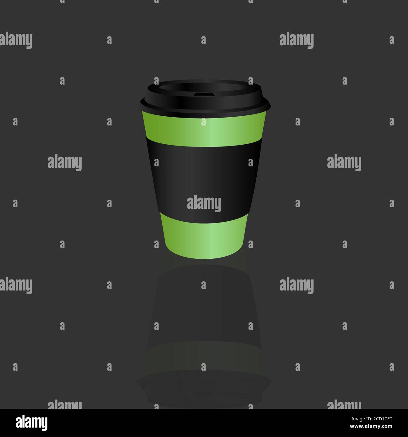 Take-away tazza di caffè caldo, può essere qualsiasi tipo di bevanda calda come latte di tè verde caldo, caffè latte caldo o cappuccino in tazze di carta verde lime con coperchio nero Illustrazione Vettoriale