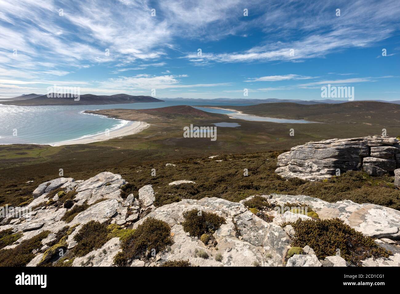 Isola di Saunders; Vista dal Monte Rookery; Falklands Foto Stock