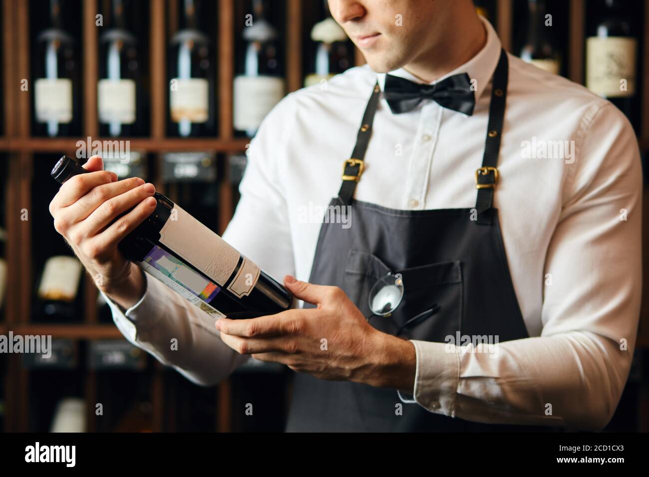 Un piccolo colpo di giovane cavista caucasico vestito di camicia bianca e bowtie lavorando in grande negozio di vite che presenta una bottiglia di vino rosso al cliente Foto Stock