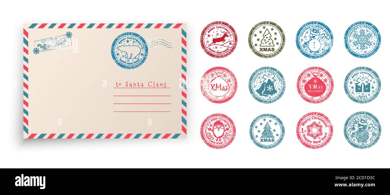 Busta dei francobolli di Natale. Babbo Natale a lunghezza intera e altri oggetti di natale Illustrazione Vettoriale