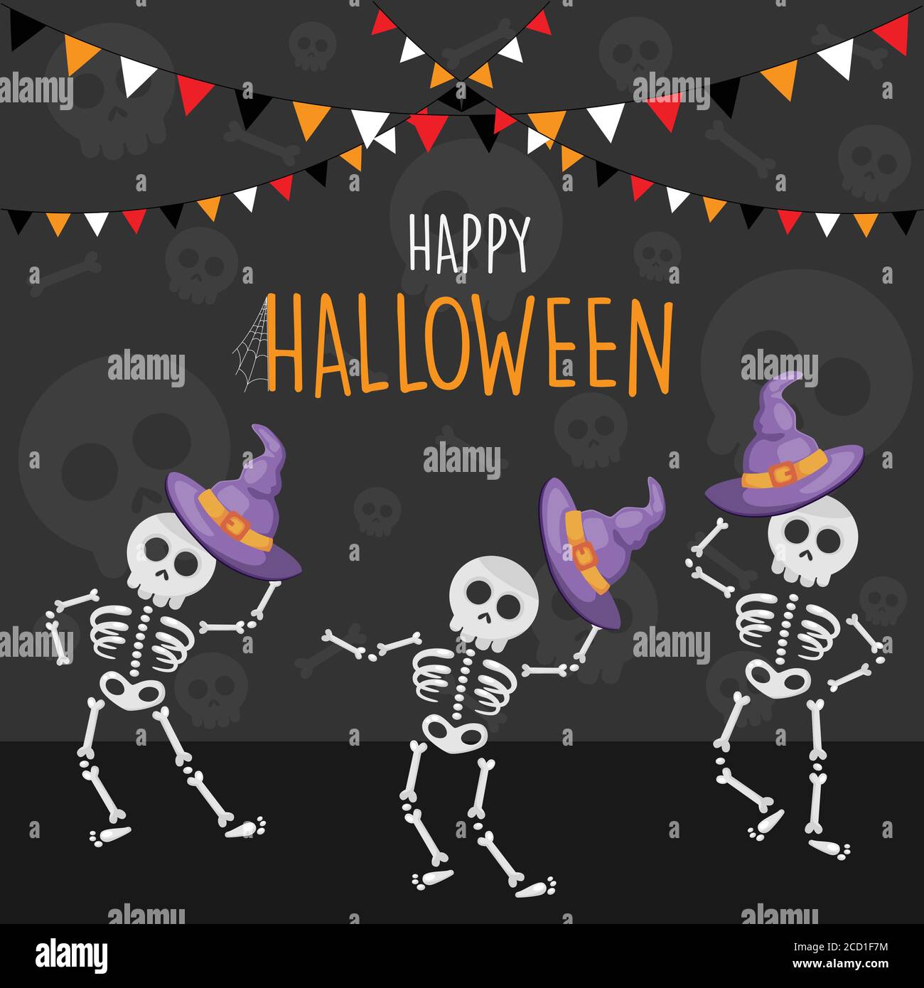 Happy Halloween ballo scheletri sfondo cartoon, illustrazione vettoriale Illustrazione Vettoriale