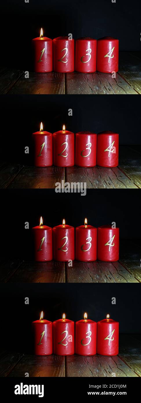 Colpo di candele rosse dell'Avvento accese in ordine Foto Stock