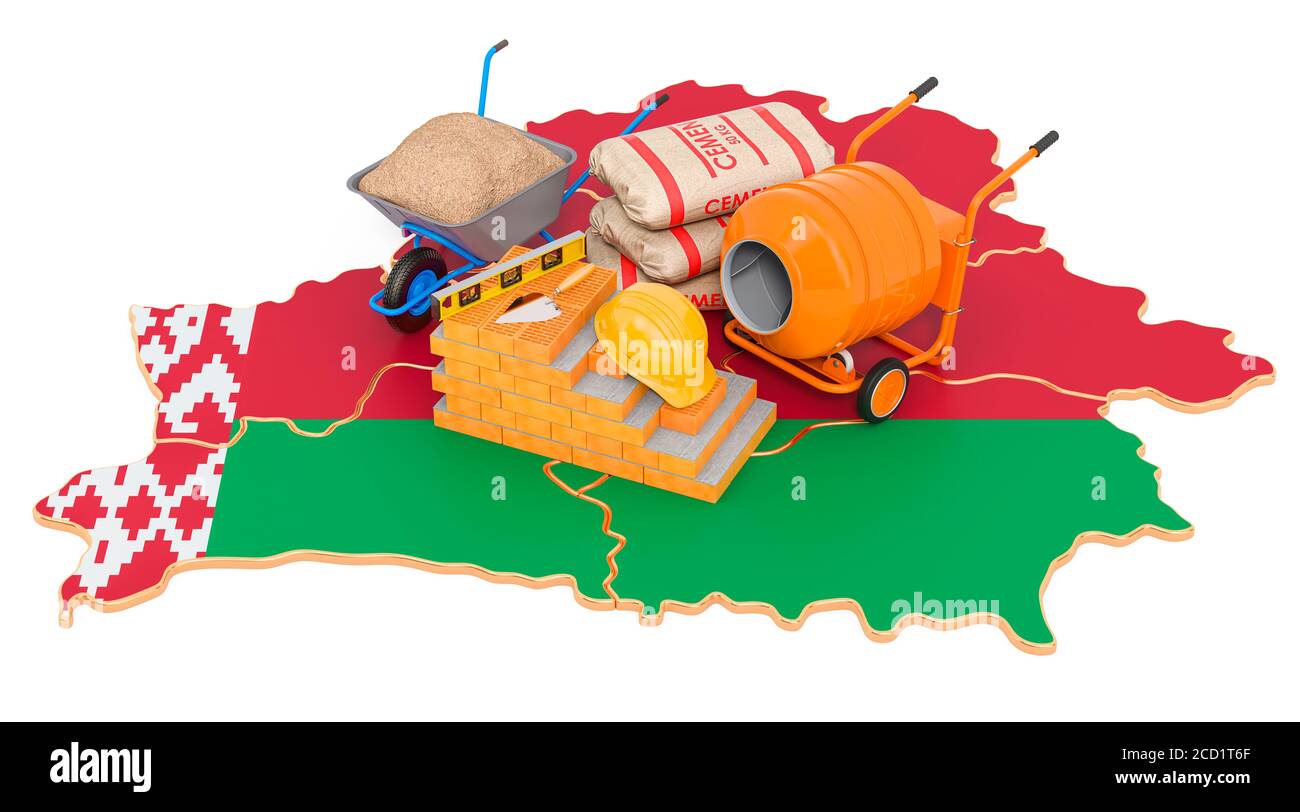 Materiali da costruzione e da costruzione in Bielorussia Concept, rendering 3D isolato su sfondo bianco Foto Stock