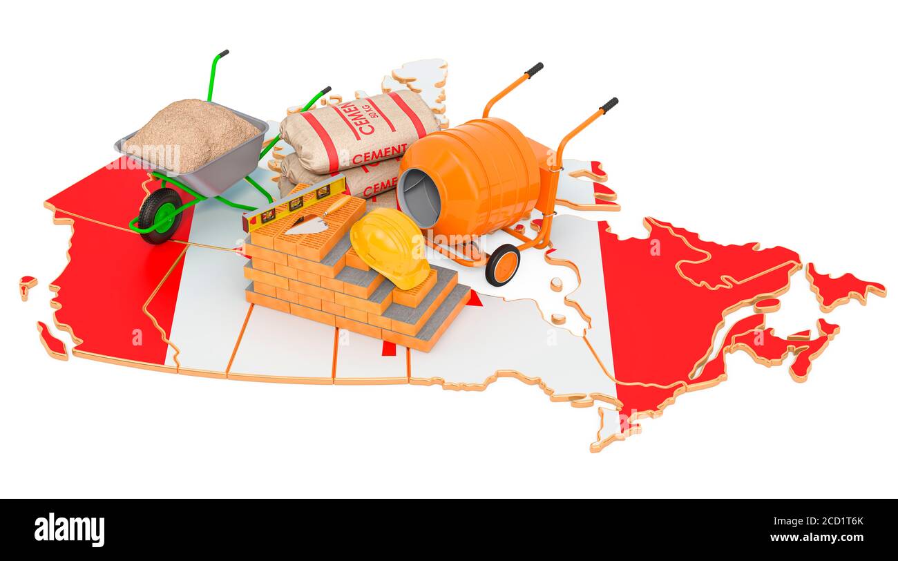 Materiali da costruzione e da costruzione in Canada Concept, rendering 3D isolato su sfondo bianco Foto Stock