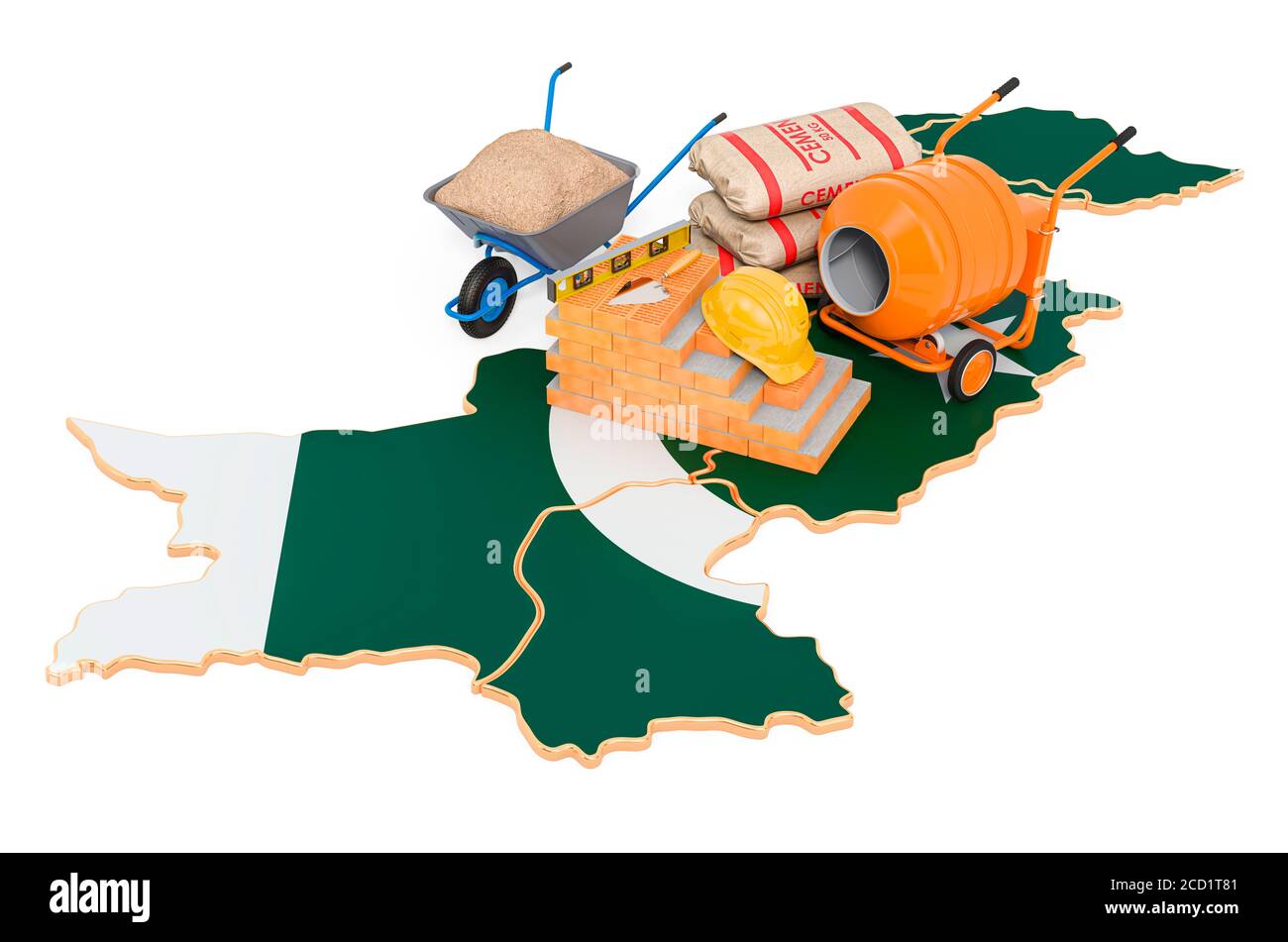 Materiali da costruzione e da costruzione in Pakistan Concept, rendering 3D isolato su sfondo bianco Foto Stock