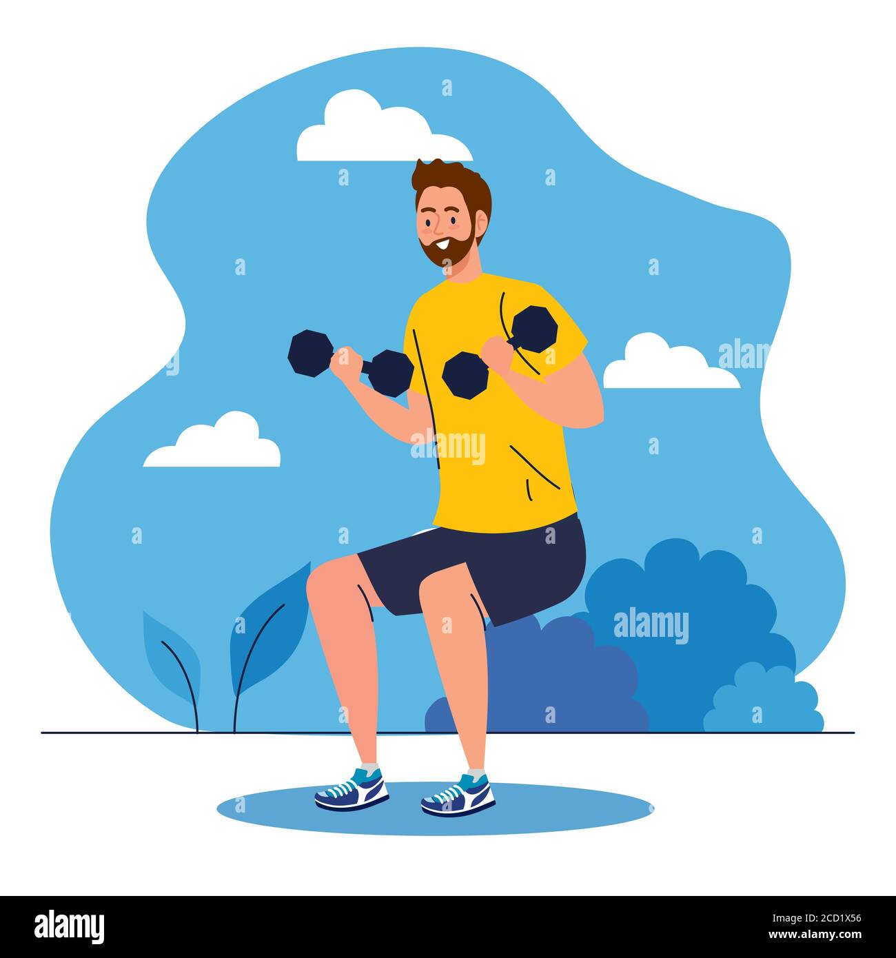 giovane uomo che fa esercizi con dumbbells all'aperto, concetto di ricreazione sportiva Illustrazione Vettoriale