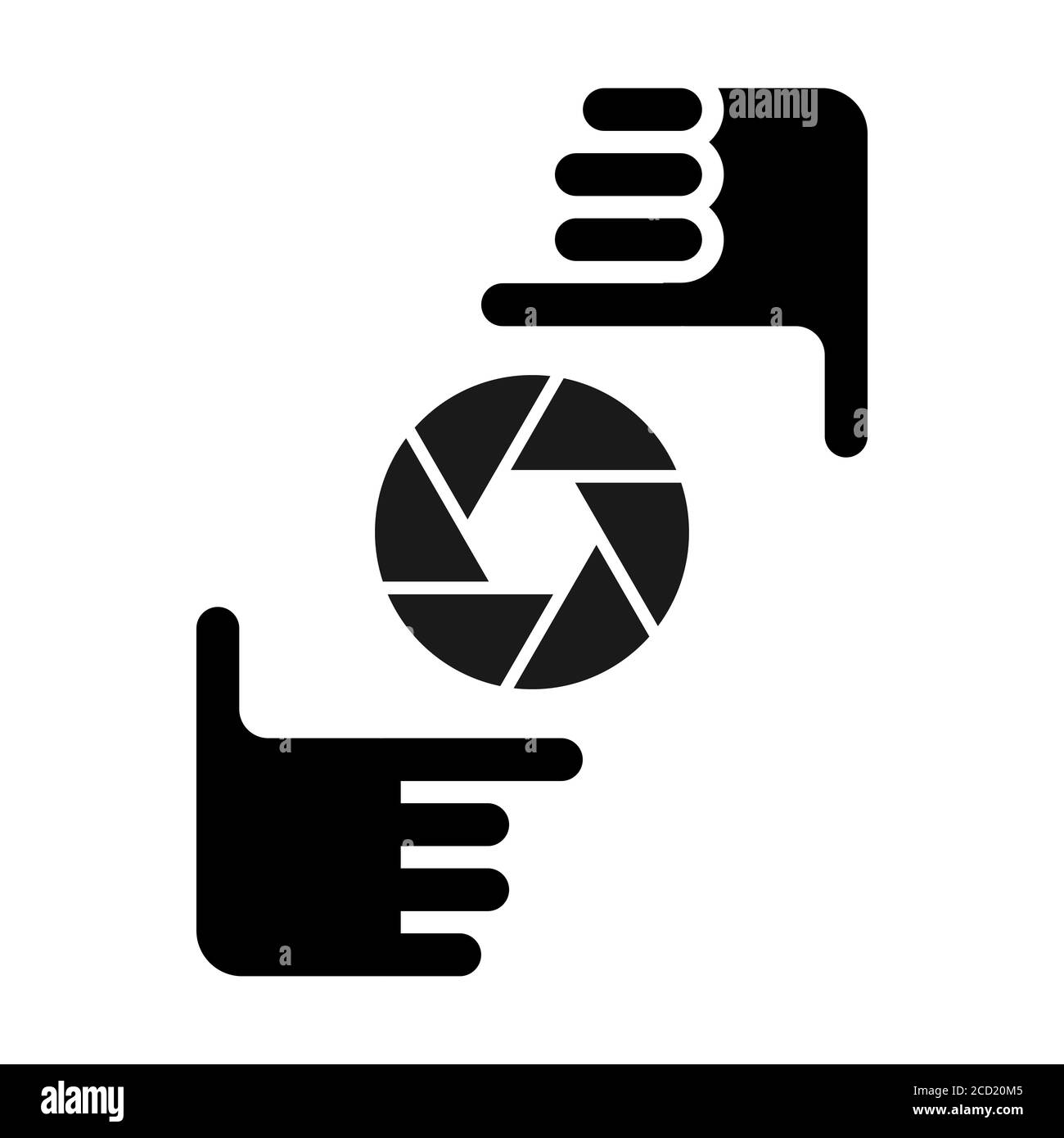 Due mani formano una cornice con l'icona della fotocamera. Simbolo nero su sfondo bianco. Illustrazione Vettoriale