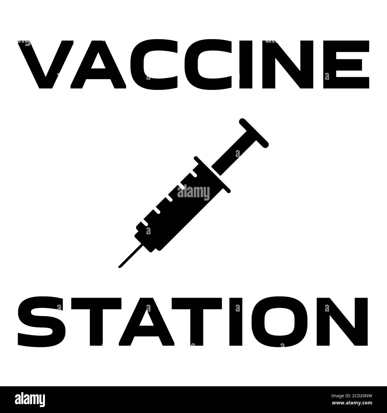 Testo DELLA STAZIONE DI VACCINAZIONE e icona nera della siringa isolata su sfondo bianco, simbolo dell'apparecchiatura di iniezione per medicina. Illustrazione Vettoriale