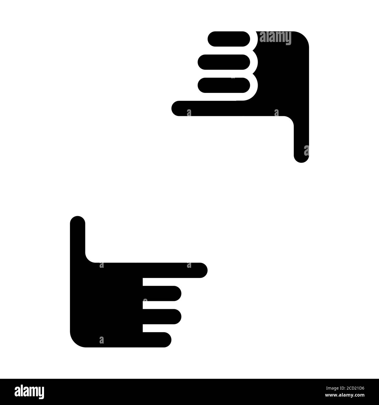 Due mani formano l'icona di una cornice. Segno fotografico fatto da dita umane, simbolo nero su sfondo bianco. Illustrazione Vettoriale