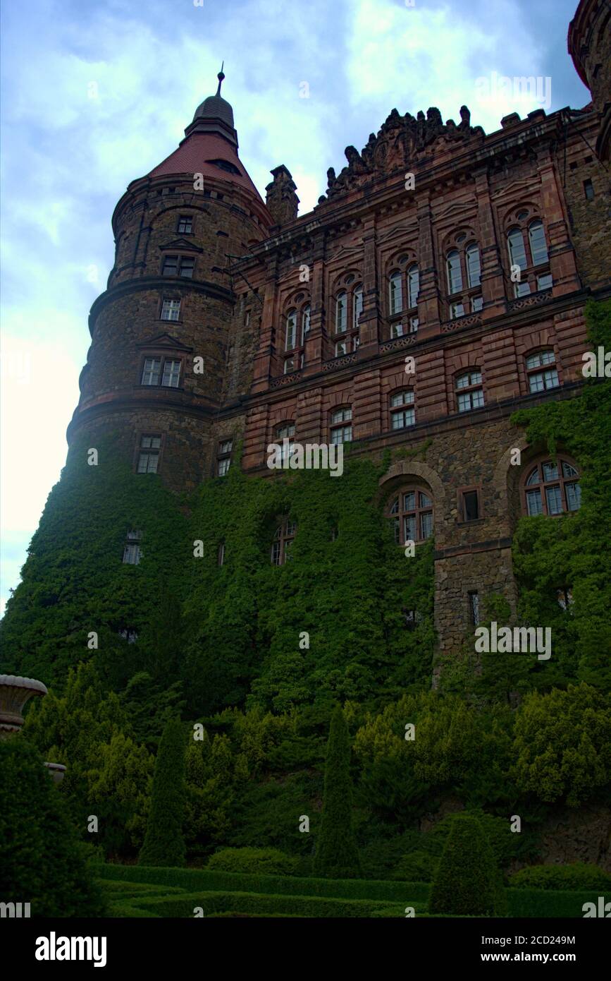 Una splendida facciata del vecchio castello con una grande quantità di viti che crescono su di esso Foto Stock