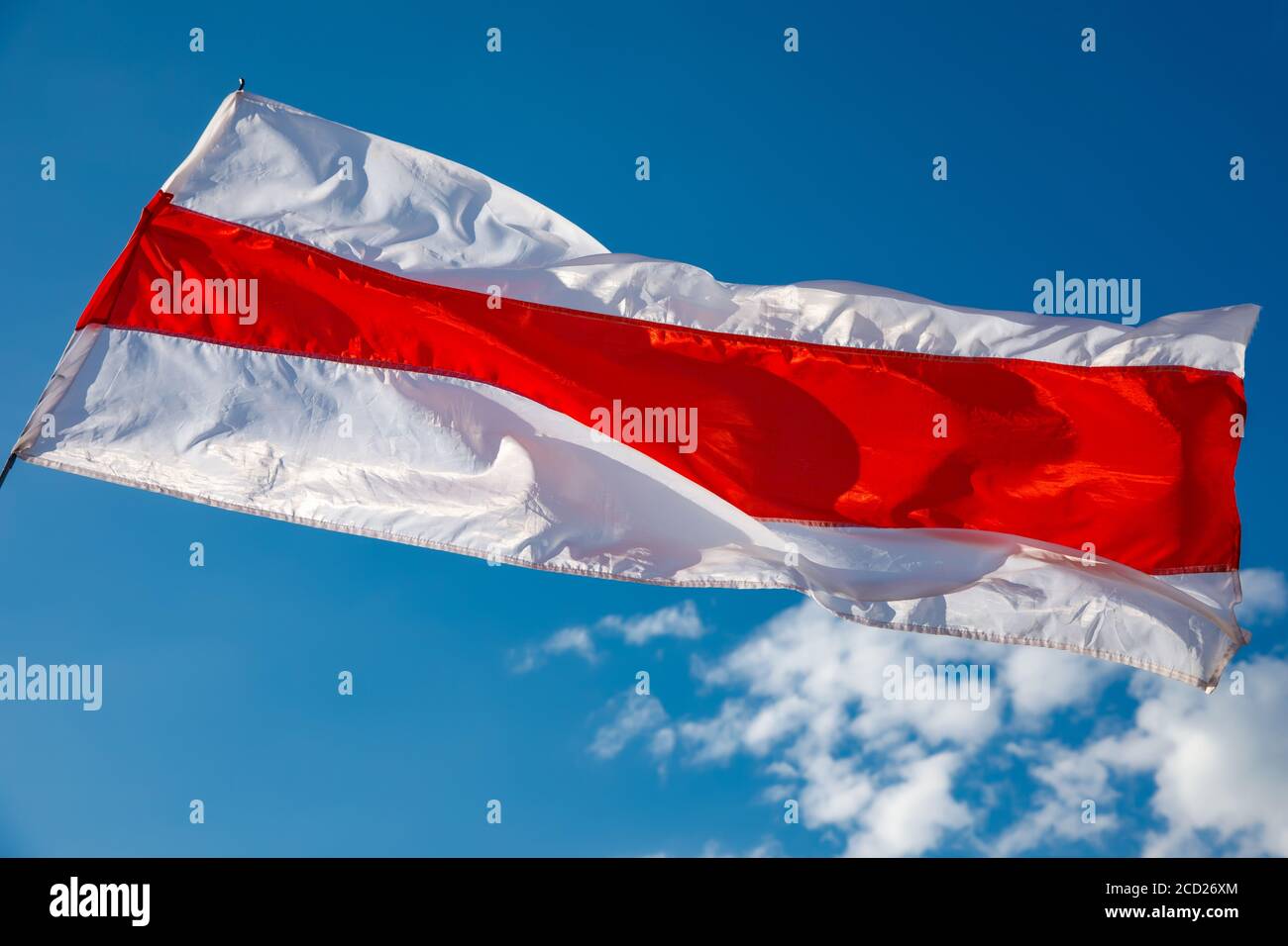 Nuova bandiera bielorussa bianco-rosso-bianca. Protesta e storico bandiera autentica Foto Stock