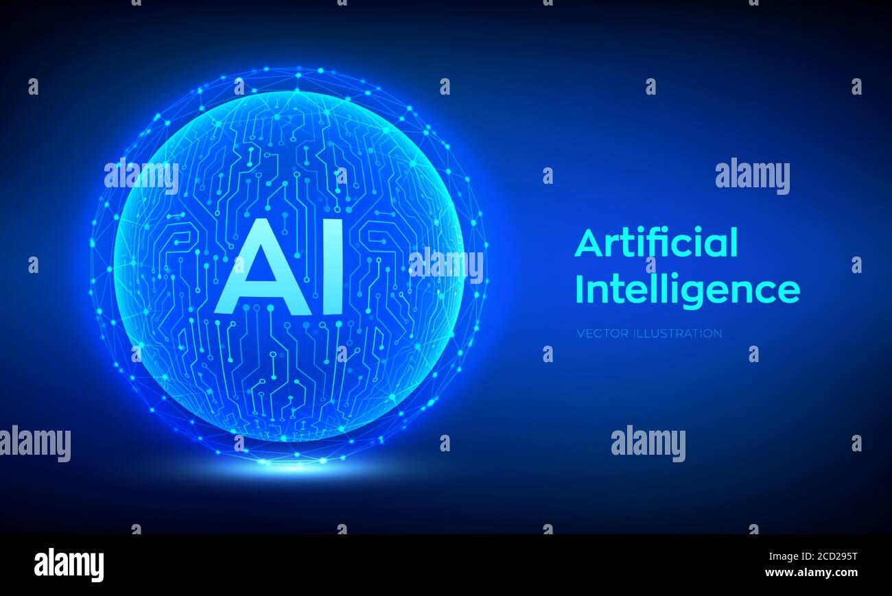 AI. Logo di intelligenza artificiale. Intelligenza artificiale e concetto di apprendimento automatico. Sfera della scheda a circuito stampato astratta. Innovazione dei big data Illustrazione Vettoriale