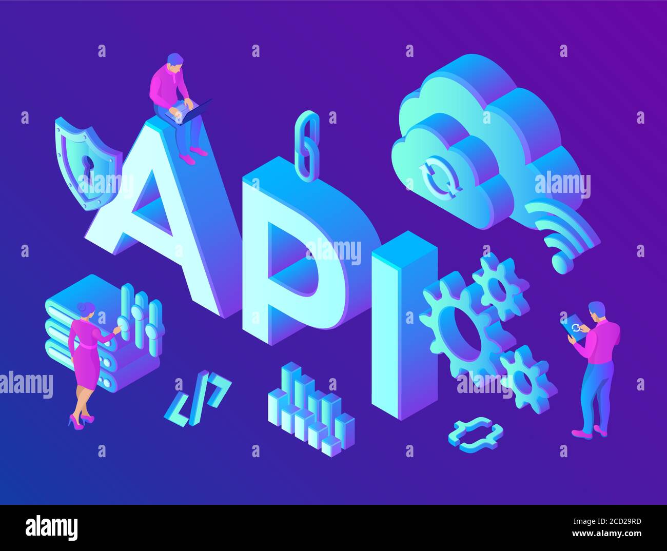 API. Interfaccia di programmazione delle applicazioni. Strumento di sviluppo software, concetto di Information Technology. Processo tecnologico di sviluppo software Illustrazione Vettoriale