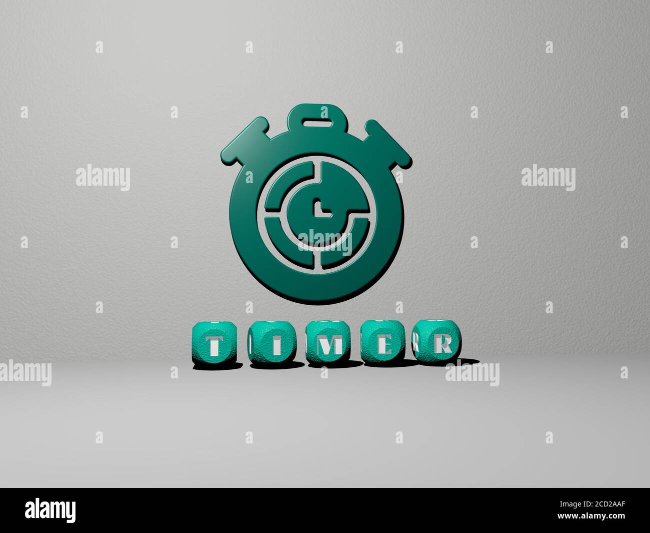 Icona Timer 3D sulla parete e testo di alfabeti cubici sul pavimento, illustrazione 3D Foto Stock