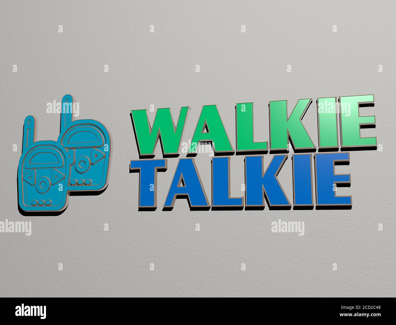 Illustrazione 3D della grafica walkie talkie e del testo fatto da lettere metalliche per i significati correlati del concetto e delle presentazioni, illustrazione 3D Foto Stock