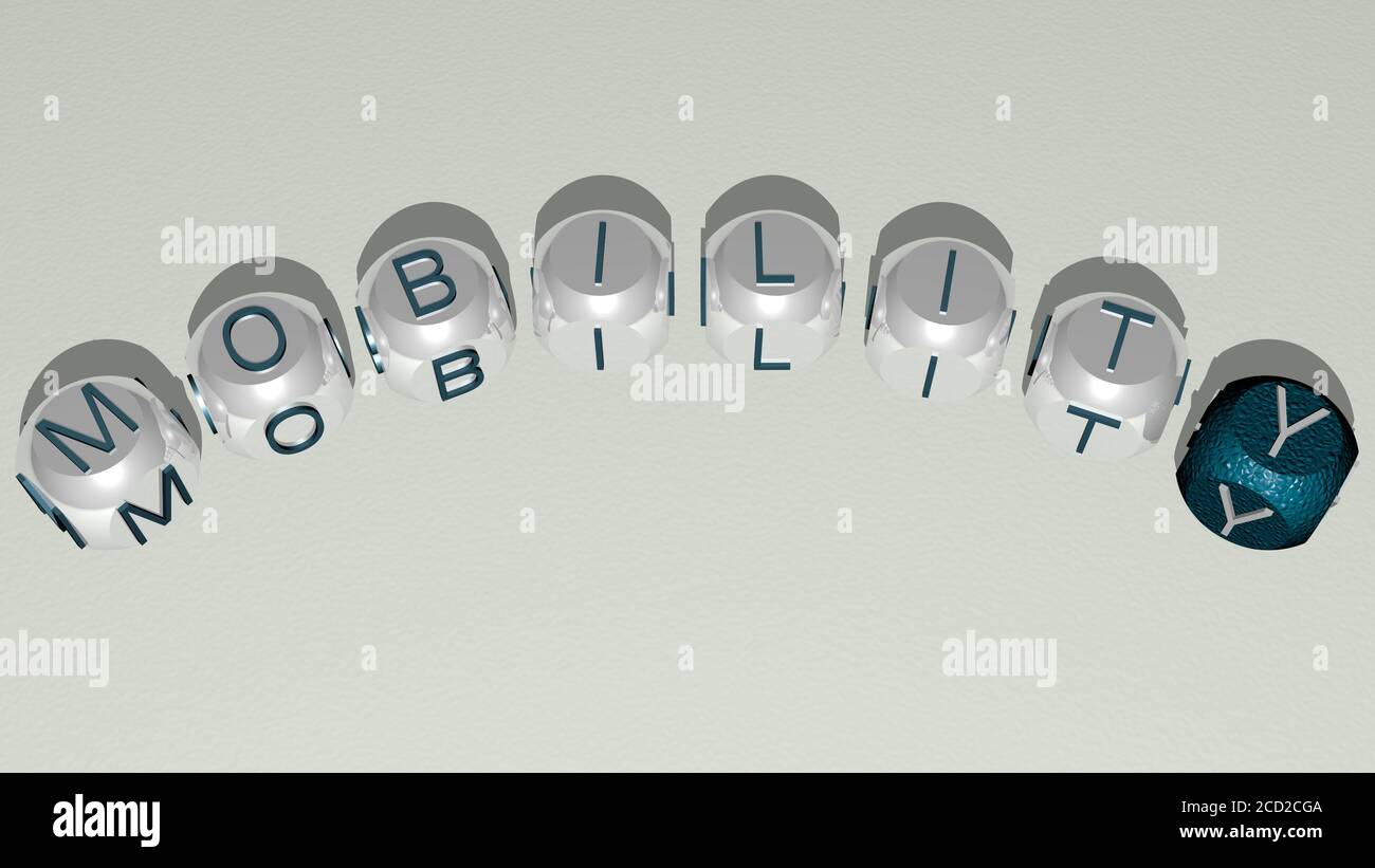 TESTO DI MOBILITÀ delle lettere a dadi con curvatura, illustrazione 3D Foto Stock