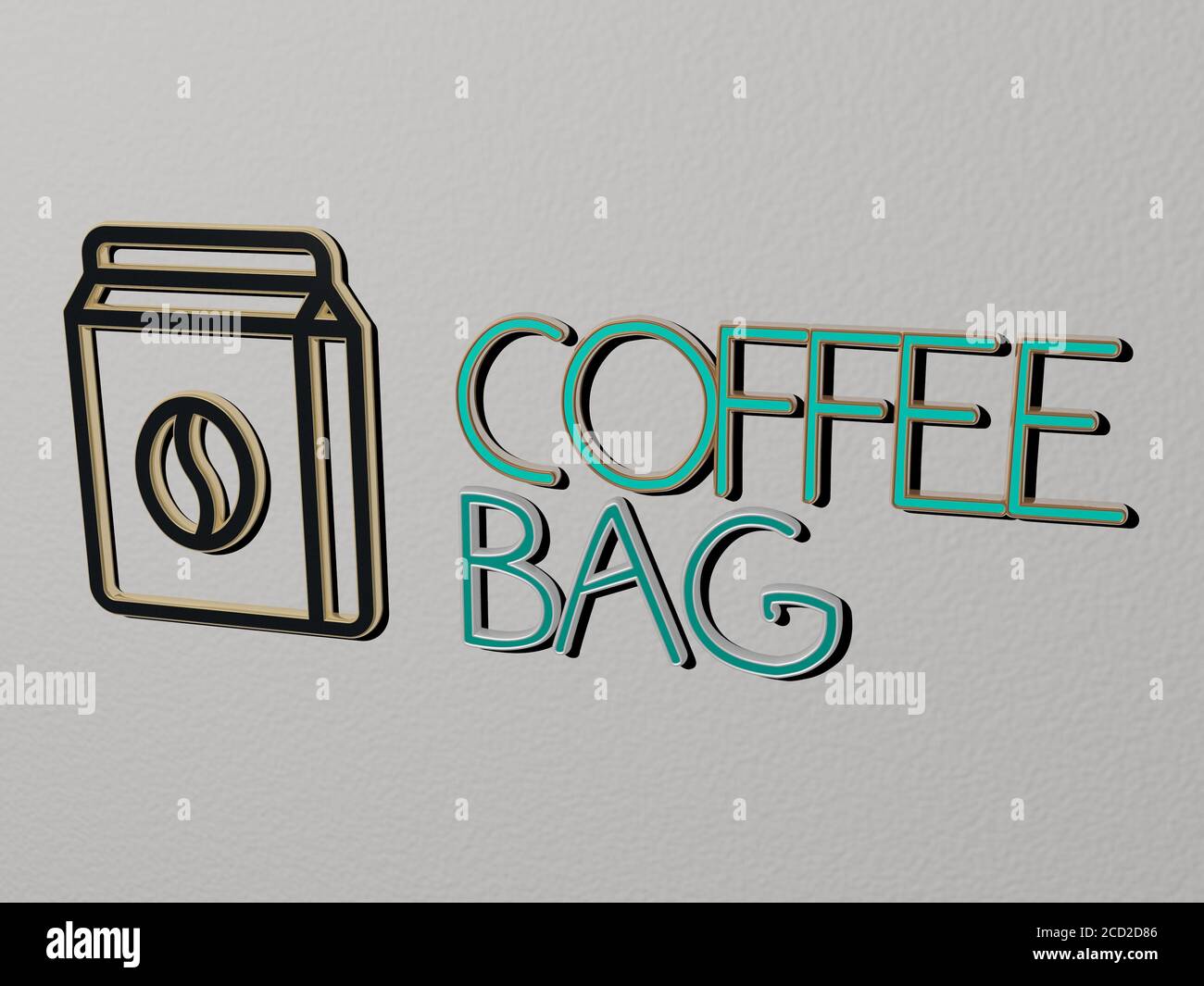 Icona E testo SULLA parete DELLA BORSA DA CAFFÈ, illustrazione 3D Foto Stock