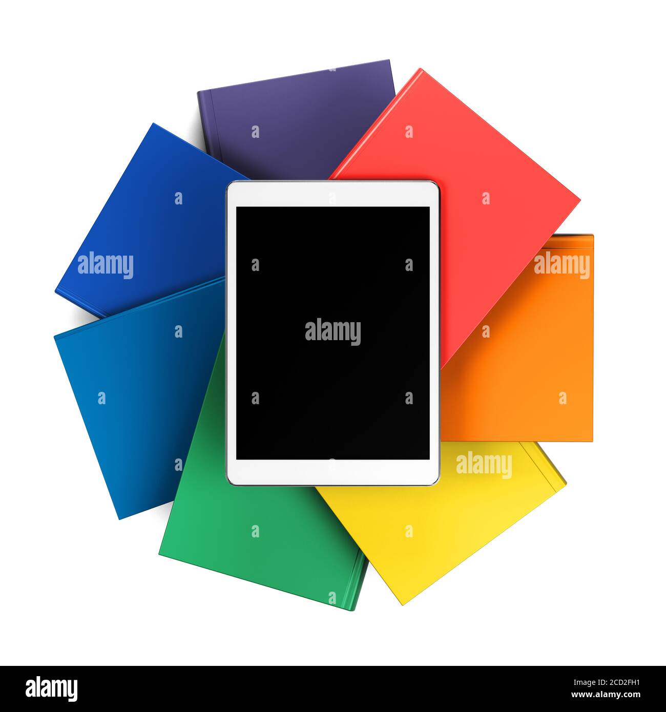 tablet su un mucchio di libri in colori arcobaleno, vista frontale Foto Stock