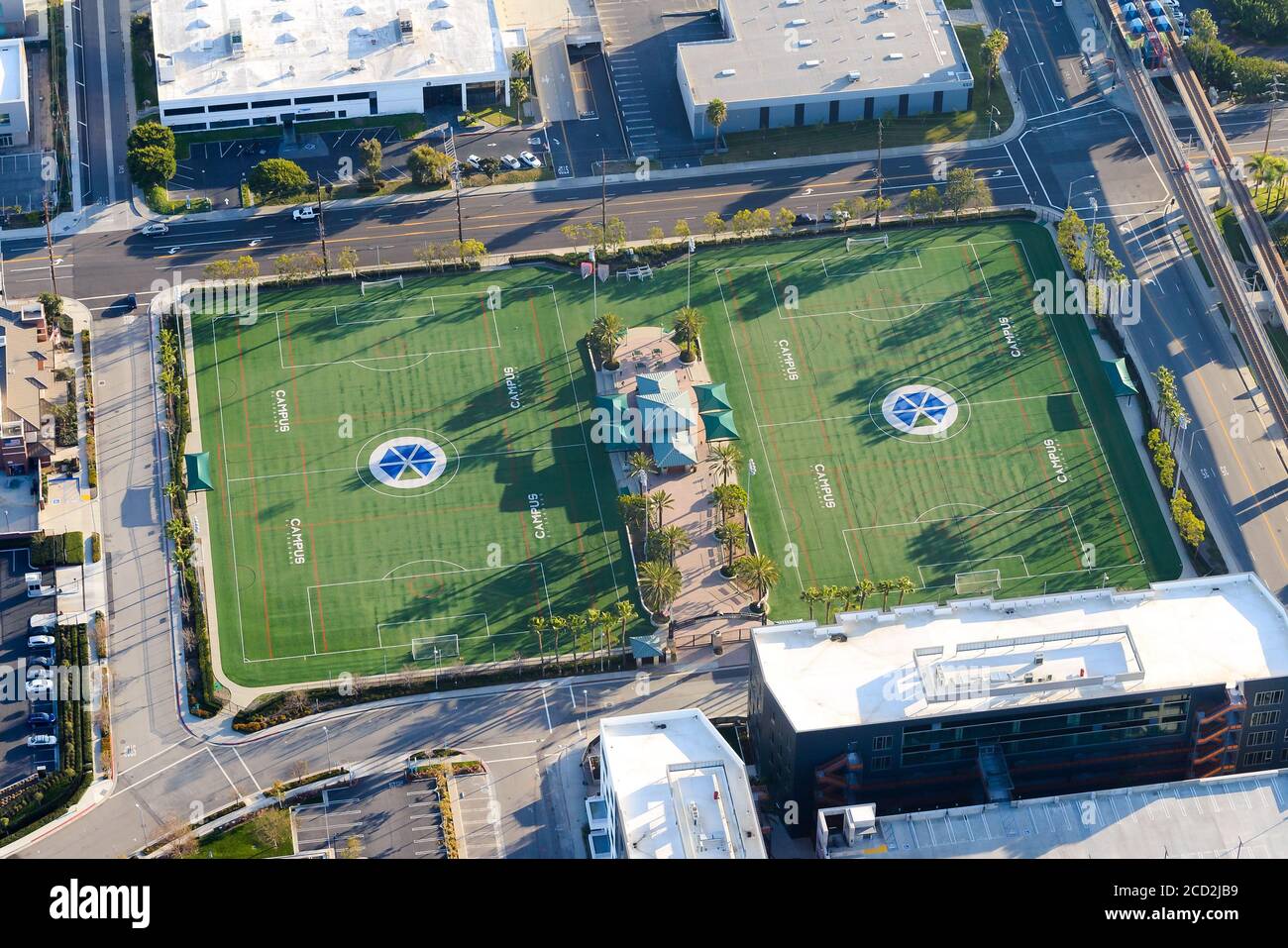 Campus El Segundo campi atletici. Campo sportivo aperto da David Beckham e Zinedine Zidane a Los Angeles, California, USA. Campo di calcio. Foto Stock