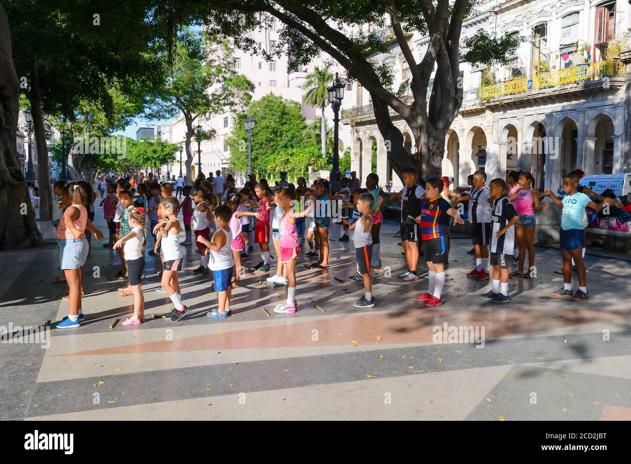 Gruppo di bambini che giocano a Paseo del Prado, l'Avana, Cuba. I bambini cubani si divertono in un viale vicino al centro della città. Attività di integrazione comunitaria. Foto Stock